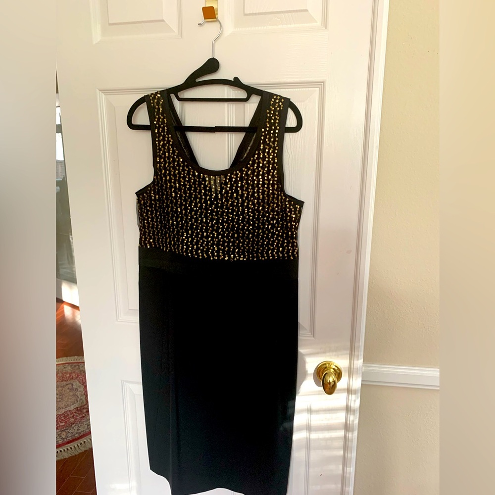 DKNY Shift Dress: Black, Gold Sequins, V-Neck, V-Back, Zip, Sleeveless 12